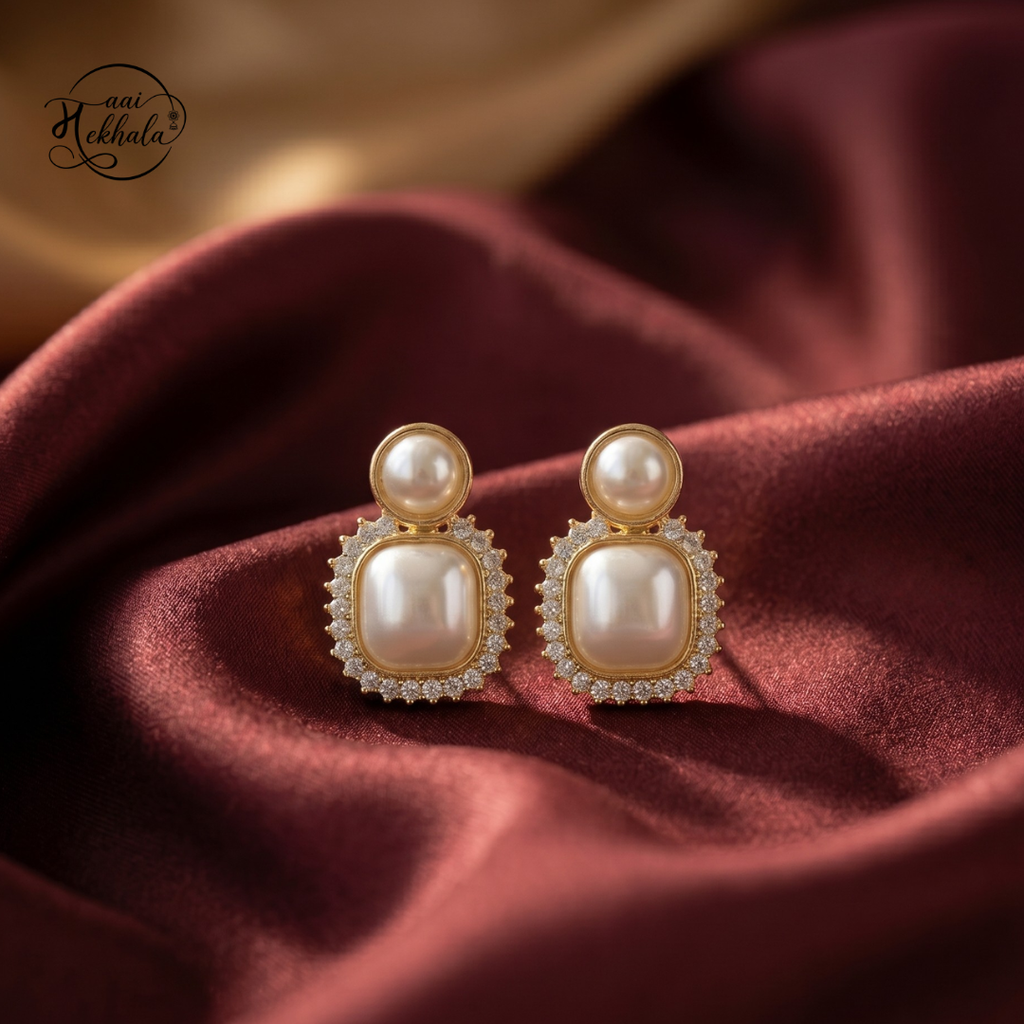 Noor Pearl Halo Earrings – Elegant Pearl Statement Studs for Festive & Wedding Wear