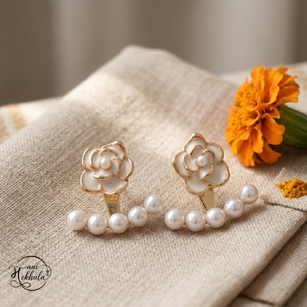 Maai Mekhala Rosé Pearl Earrings – Elegant Floral Pearl Ear Jackets