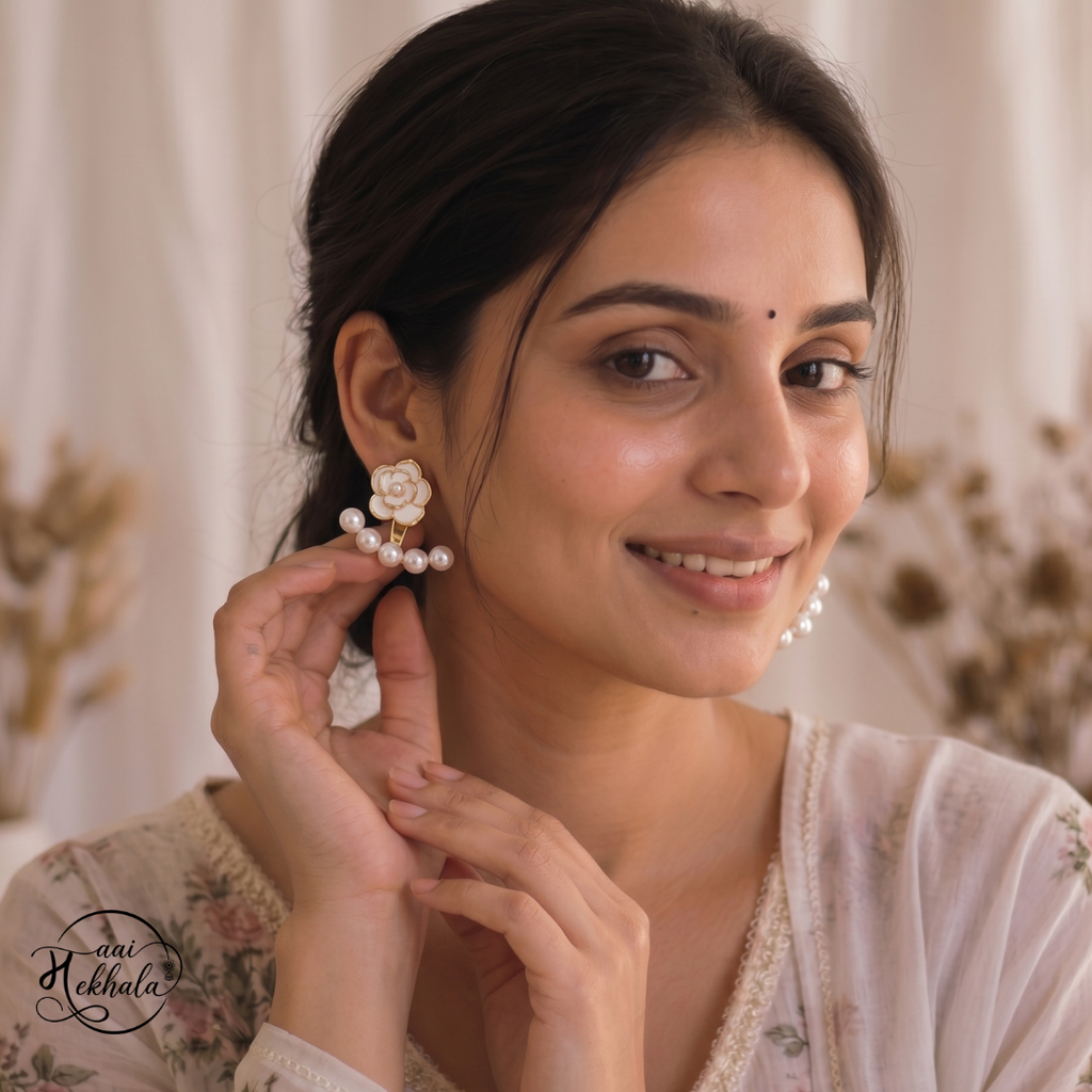 Maai Mekhala Rosé Pearl Earrings – Elegant Floral Pearl Ear Jackets