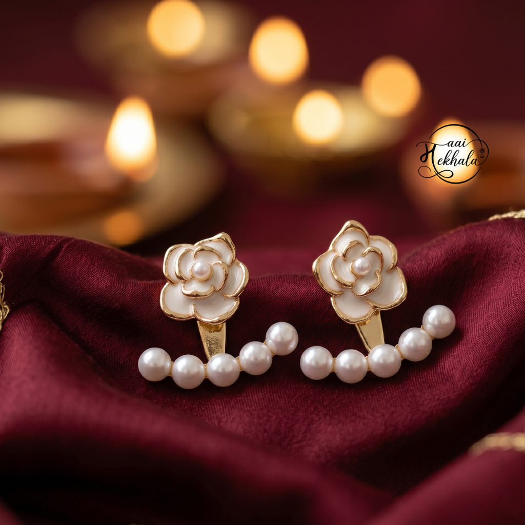 Maai Mekhala Rosé Pearl Earrings – Elegant Floral Pearl Ear Jackets