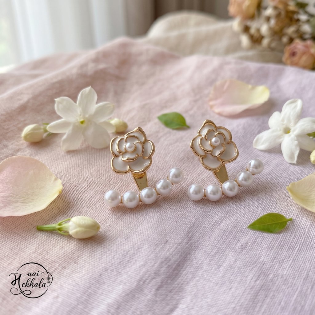 Maai Mekhala Rosé Pearl Earrings – Elegant Floral Pearl Ear Jackets