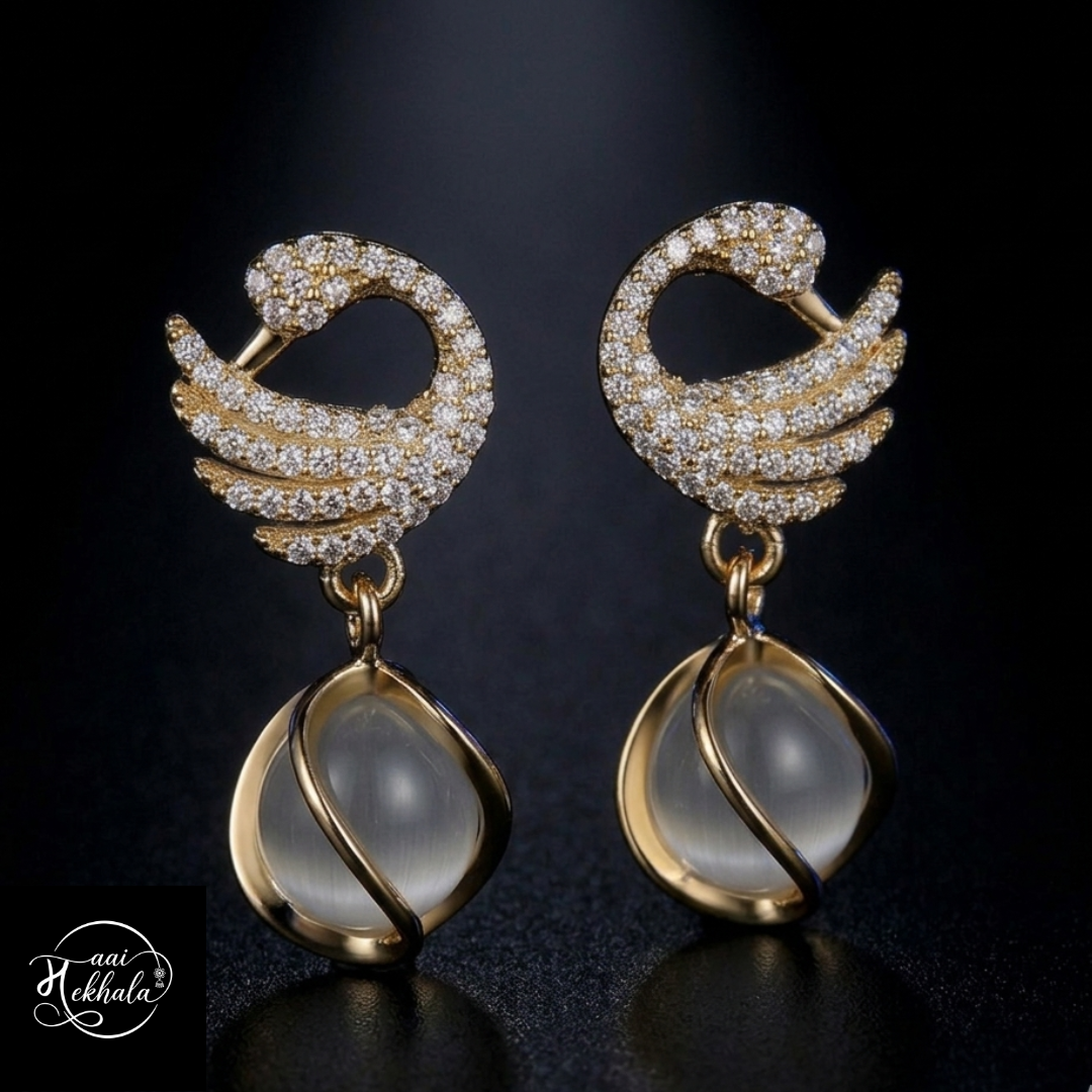 Gold and pearl earrings on a dark background