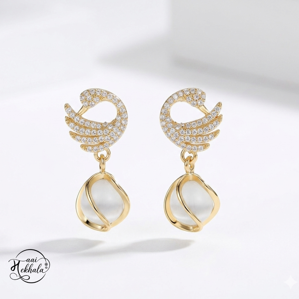 Maai Mekhala Celeste Drop Earrings – Crystal Swan Gold Statement Earrings