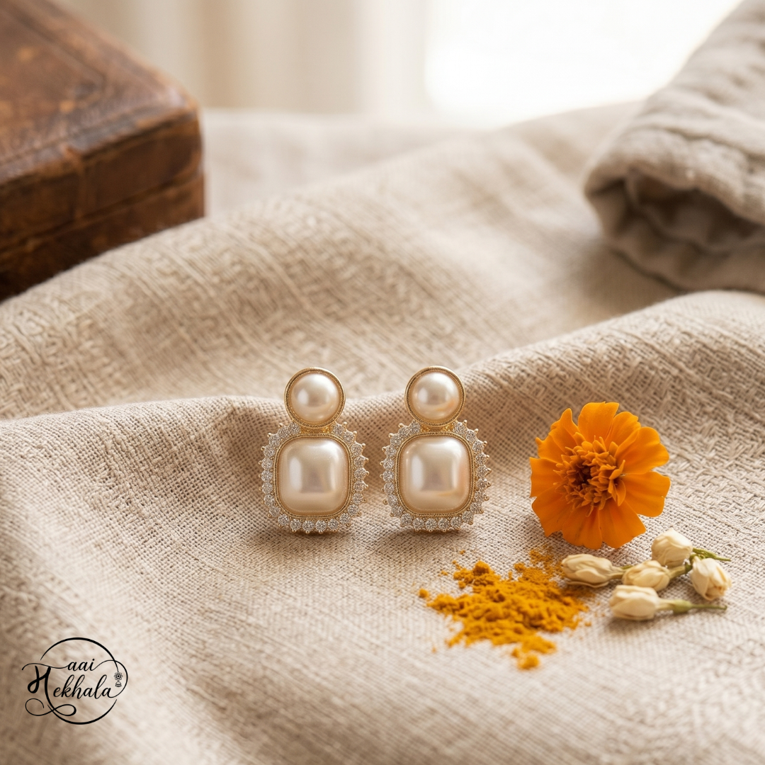 Noor Pearl Halo Earrings – Elegant Pearl Statement Studs for Festive & Wedding Wear