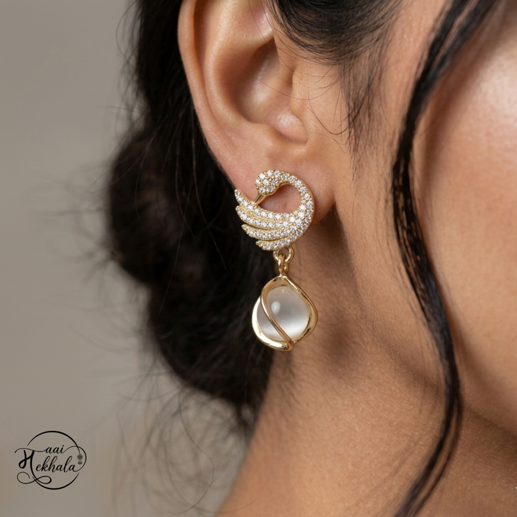 Maai Mekhala Celeste Drop Earrings – Crystal Swan Gold Statement Earrings