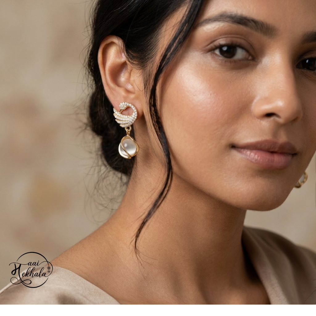 Maai Mekhala Celeste Drop Earrings – Crystal Swan Gold Statement Earrings