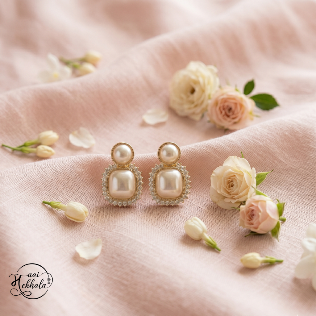 Noor Pearl Halo Earrings – Elegant Pearl Statement Studs for Festive & Wedding Wear