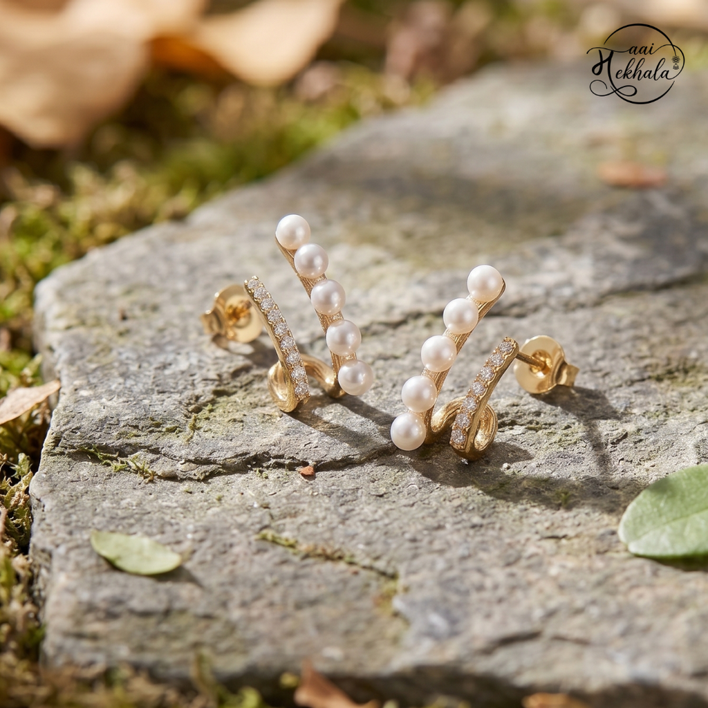 Maai Mekhala Pearl Arc Earrings – Modern Pearl & Crystal Ear Climbers