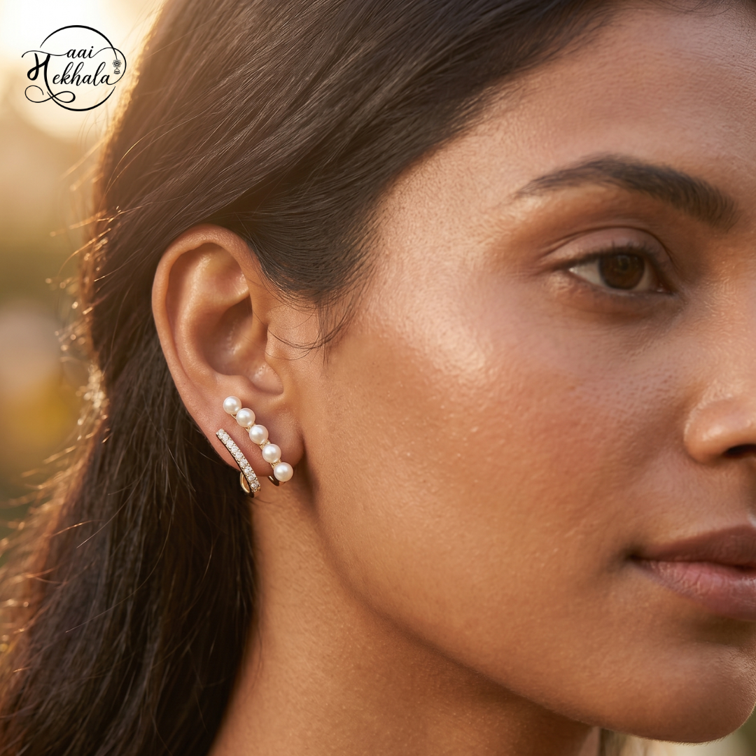 Maai Mekhala Pearl Arc Earrings – Modern Pearl & Crystal Ear Climbers