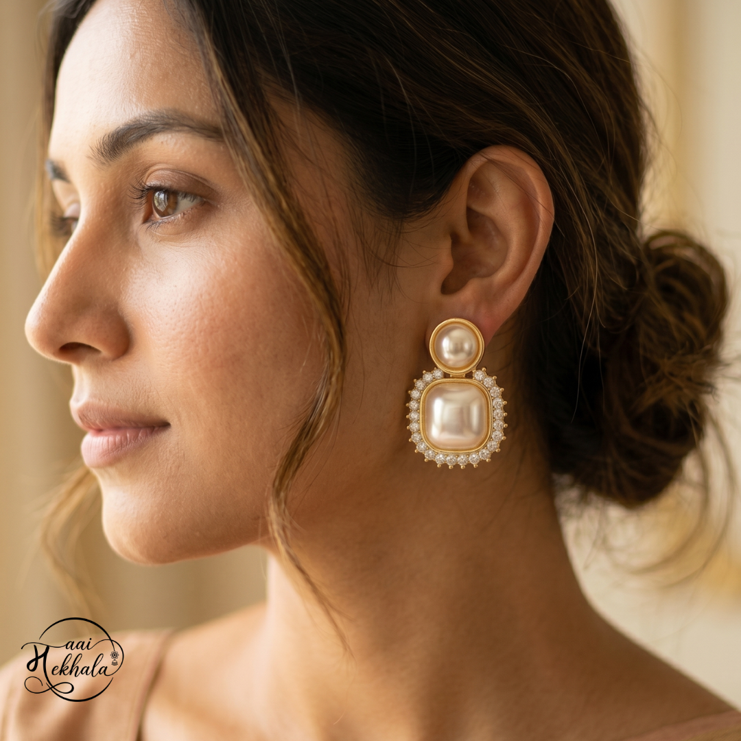 Noor Pearl Halo Earrings – Elegant Pearl Statement Studs for Festive & Wedding Wear