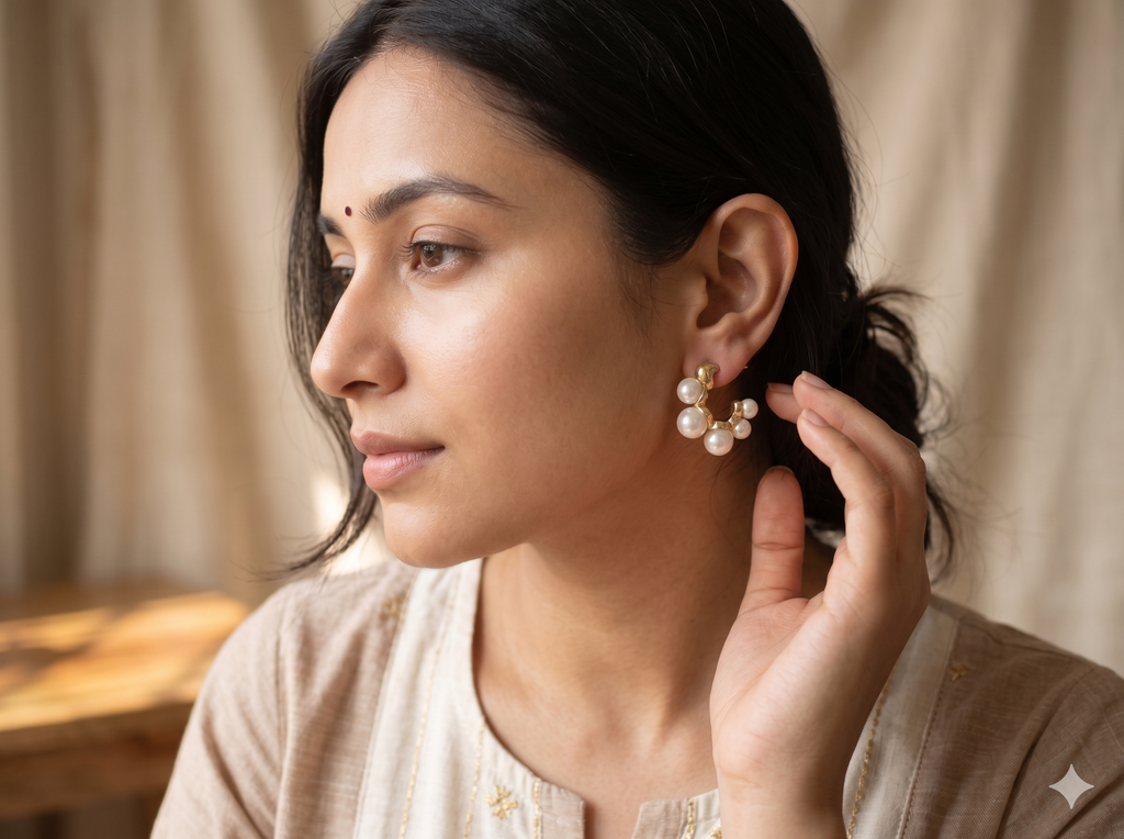 Maai Mekhala Pearl Halo Hoops – Textured Gold Pearl Statement Earrings